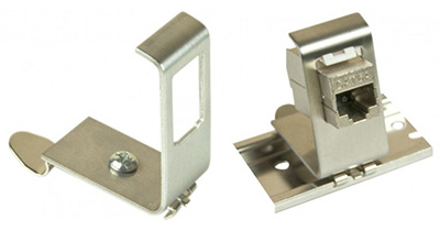 Support pour un connecteur ou coupleur Keystone (RJ45, optique, etc.), à clipser sur rail DIN, métal, TLC