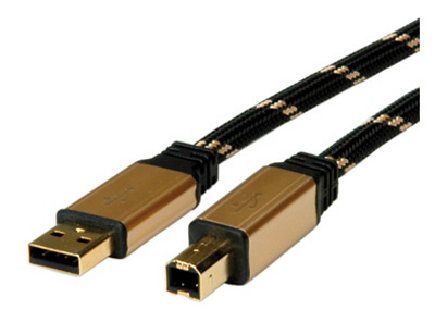 Câble USB 2.0, A / B, Or, surgainé Nylon, Roline