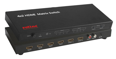 Switch HDMI, 4 entrées, 2 sorties, boîtier métal, télécommande, Roline